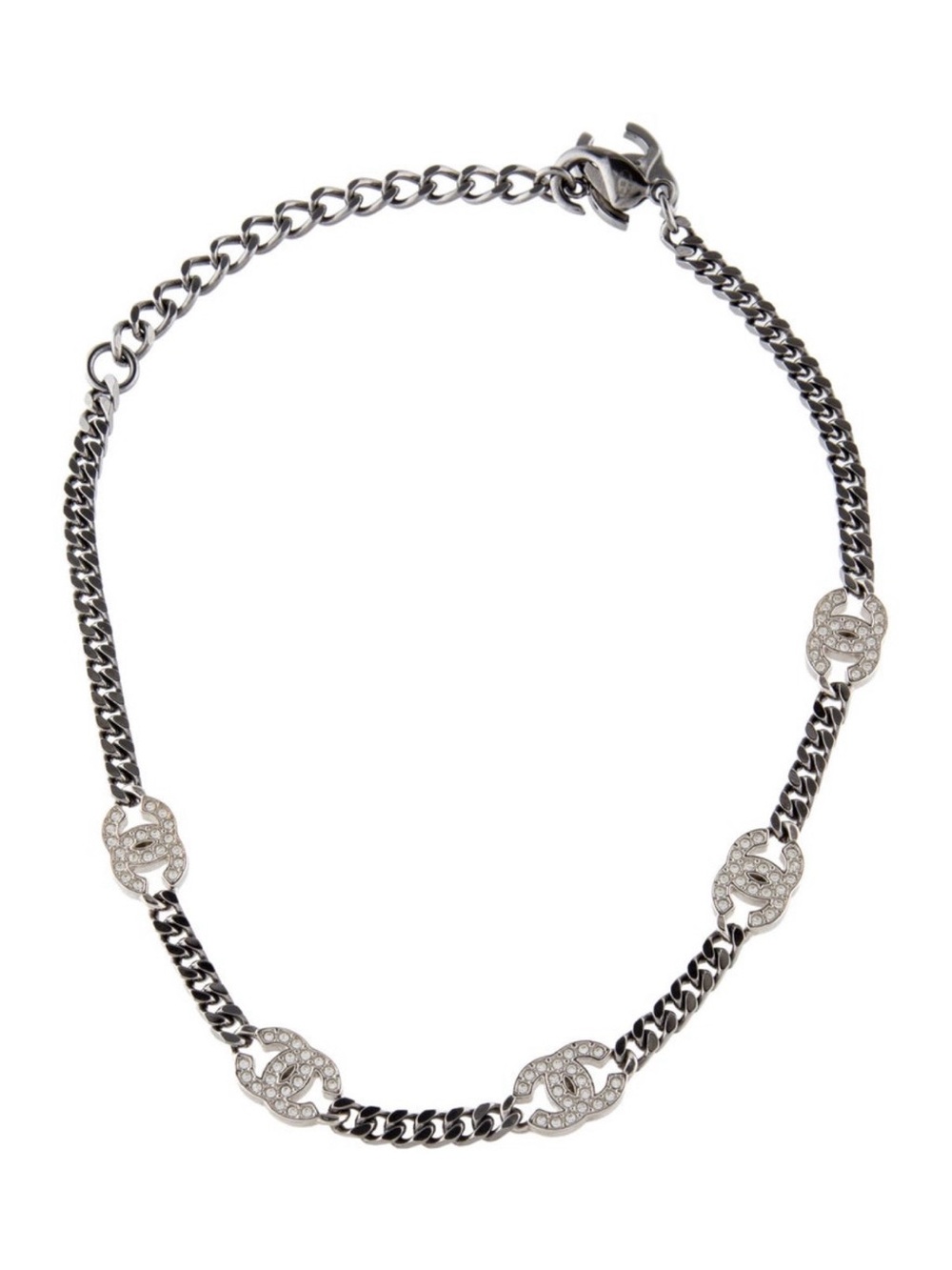 CHANEL Silver-Tone Crystal CC Link Necklace